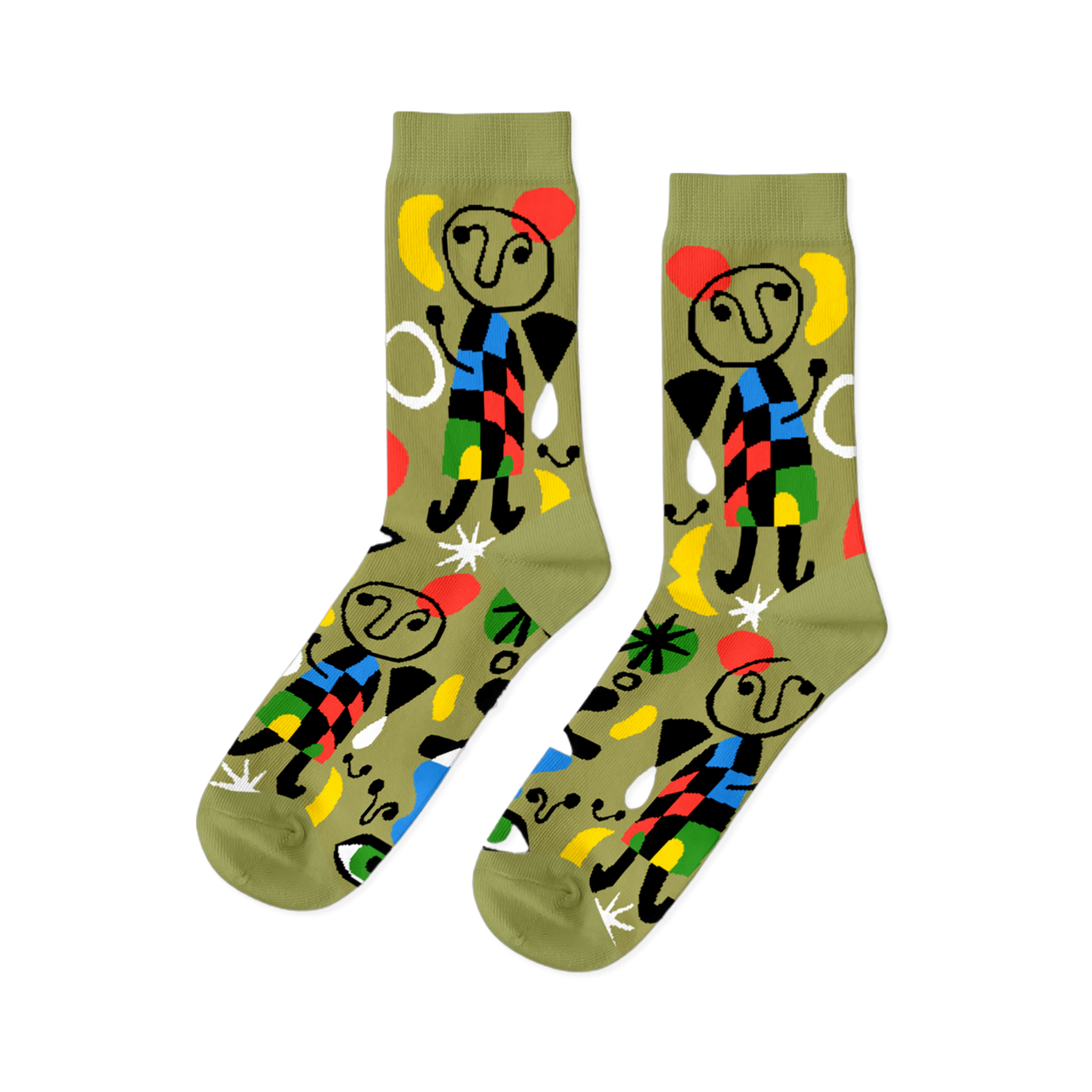 Pair of olive green crew socks with abstract art pattern, featuring stick figures, red stars, yellow moons, and colorful geometric shapes.