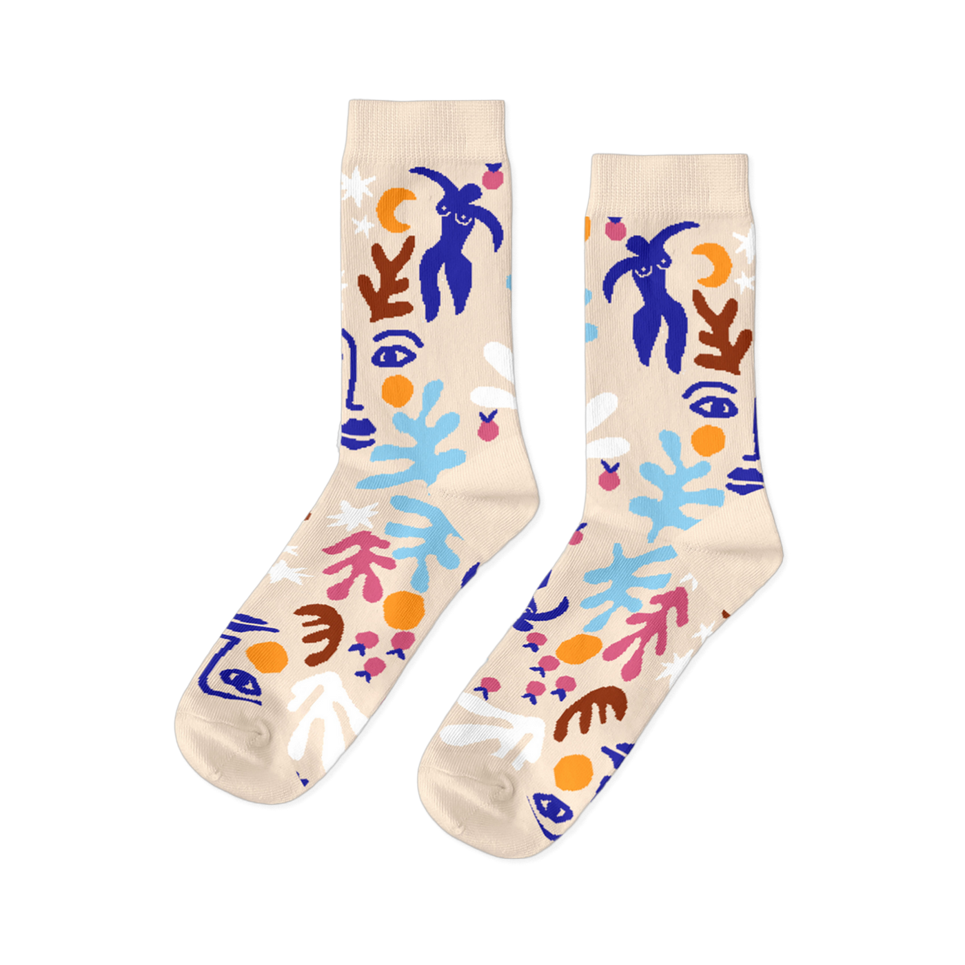 Pair of crew socks with abstract, Matisse-style cut-outs in blue, orange, pink, white, and brown on a cream background.