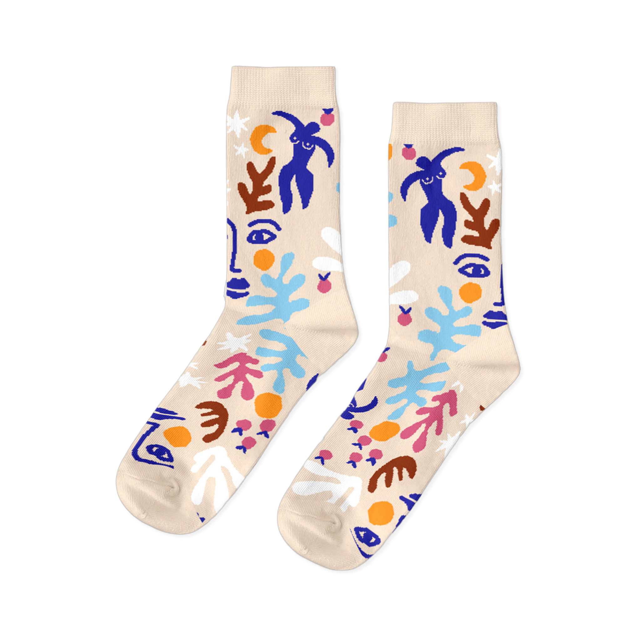 Pair of crew socks with abstract, Matisse-style cut-outs in blue, orange, pink, white, and brown on a cream background.