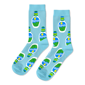 A pair of light blue crew socks with a repeating pattern of white ranch dressing bottles on a black background.
