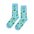 A pair of light blue crew socks with a repeating pattern of white ranch dressing bottles on a black background.