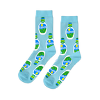 A pair of light blue crew socks with a repeating pattern of white ranch dressing bottles on a black background.