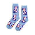 Pair of light blue crew socks, patterned with sitting white, dark blue, and purple Staffordshire dog figurines wearing gold chains.