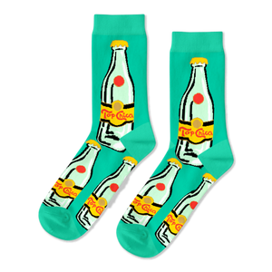 Pair of aqua crew socks featuring a repeated pattern of clear glass Topo Chico-style bottles with yellow caps and 'Top Chica' labels.