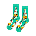 Pair of aqua crew socks featuring a repeated pattern of clear glass Topo Chico-style bottles with yellow caps and 'Top Chica' labels.