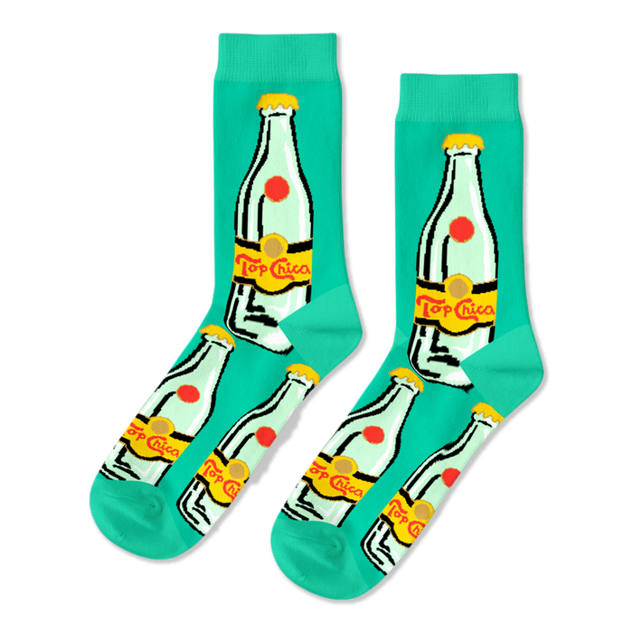 Pair of aqua crew socks featuring a repeated pattern of clear glass Topo Chico-style bottles with yellow caps and 'Top Chica' labels.