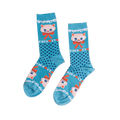 Pair of teal crew socks with dark blue polka dots. Features a light peach cat face, orange bow, and 'FUCK IT' text.