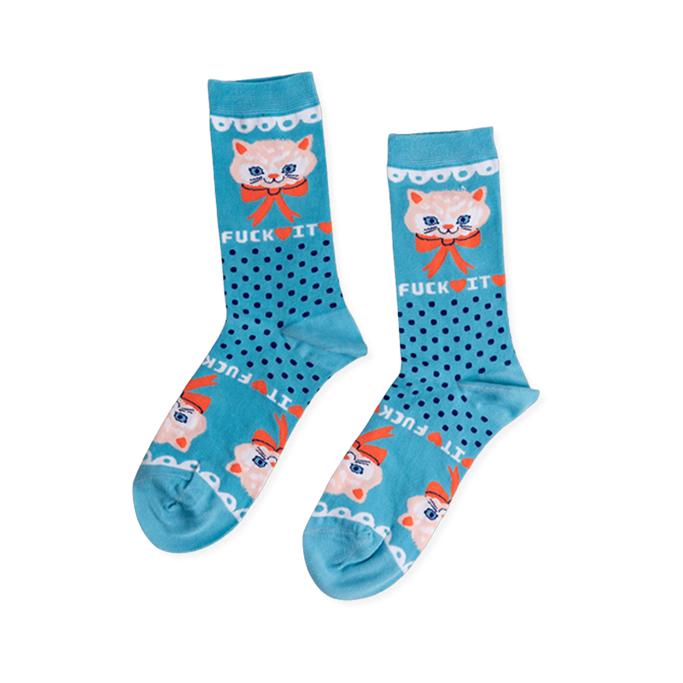 Pair of teal crew socks with dark blue polka dots. Features a light peach cat face, orange bow, and 'FUCK IT' text.