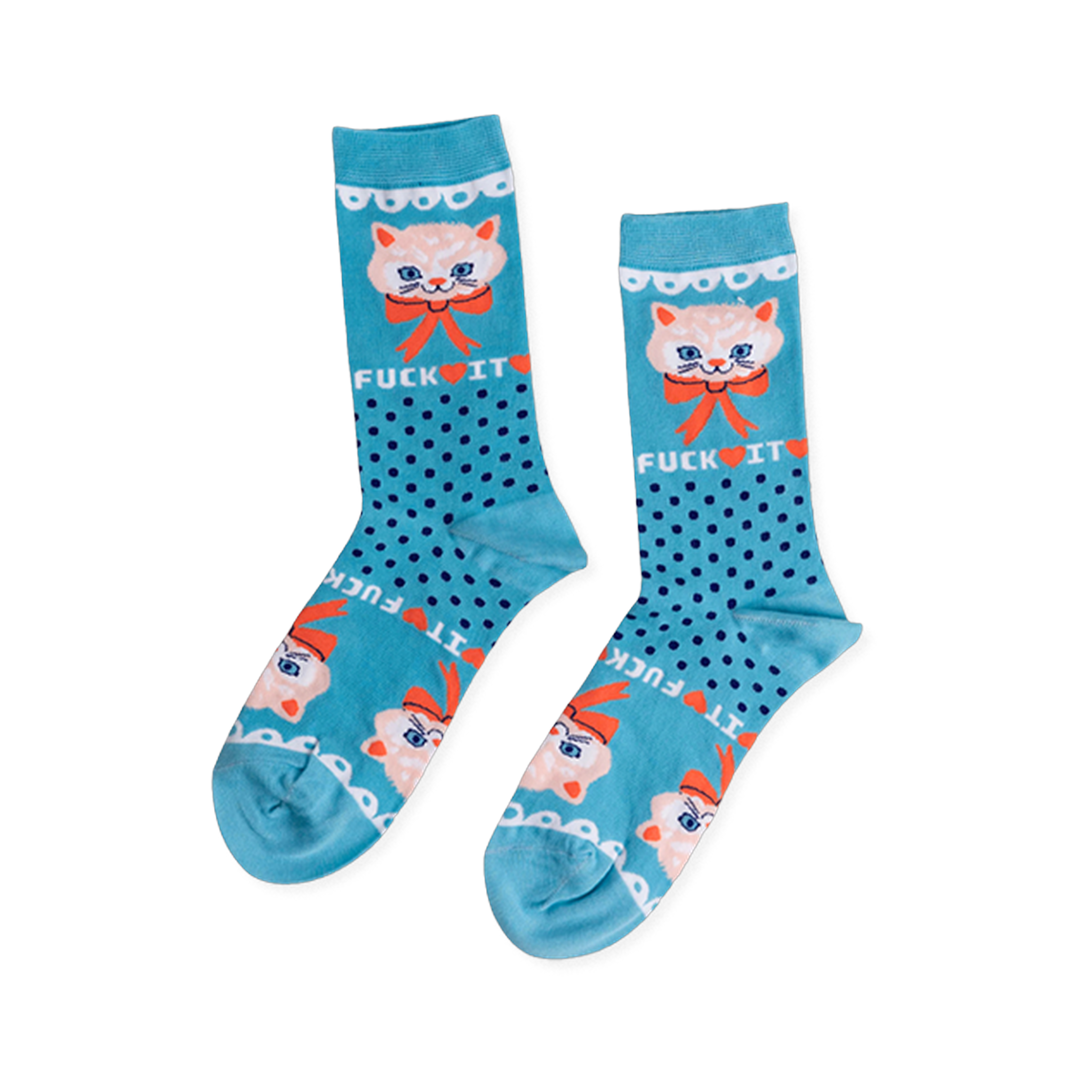 Pair of teal crew socks with dark blue polka dots. Features a light peach cat face, orange bow, and 'FUCK IT' text.