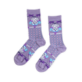 Pair of lavender Tuff Stuff Poodle socks with a white poodle design, blue ears, purple bows, and "TUFF STUFF" text. Polka dot