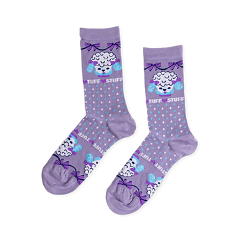Pair of lavender Tuff Stuff Poodle socks with a white poodle design, blue ears, purple bows, and "TUFF STUFF" text. Polka dot