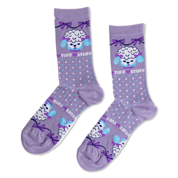 Pair of lavender crew socks with white poodles, light blue accents, red hearts, "TUFF STUFF" text, dark purple bows, and polka dots.