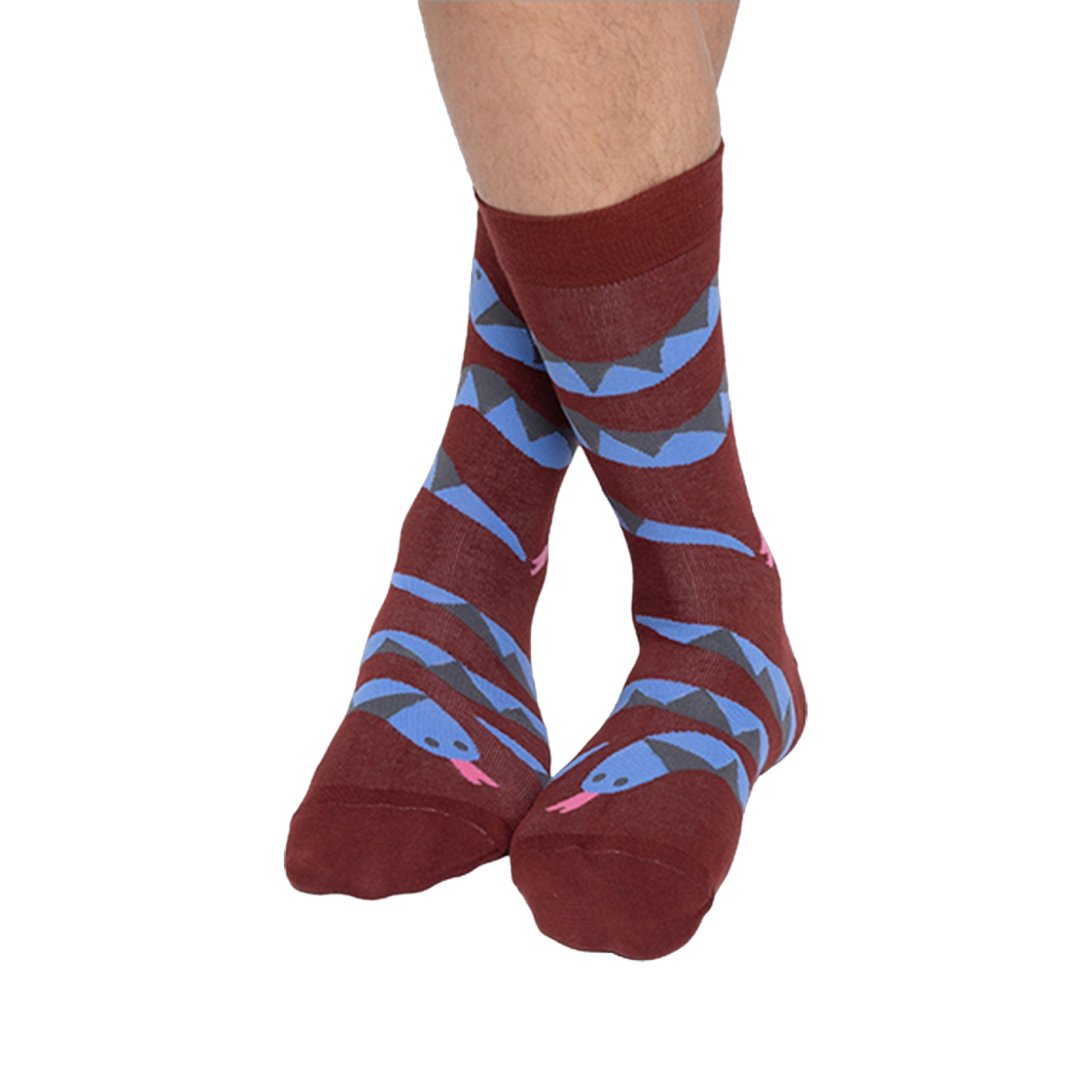 A person's bare legs wearing reddish-brown snake pattern crew socks, with ankles crossed, against a plain background.