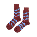 Pair of reddish-brown crew socks laid flat, featuring coiled blue and gray snake patterns with pink tongues, on a white background.