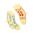 Three butter-themed ankle socks against a black background, two with blue text stacked on left, one with red text angled on right.