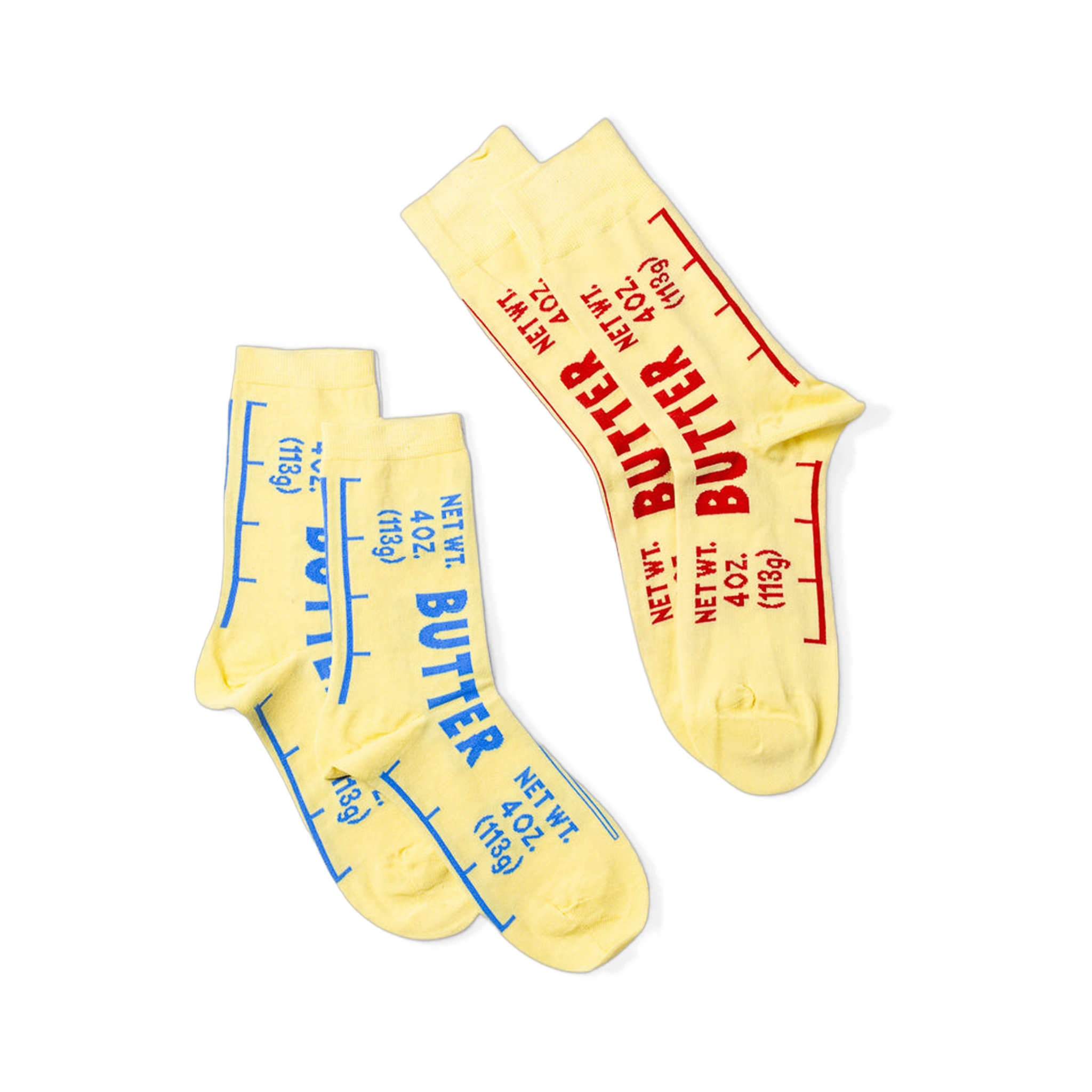 Three butter-themed ankle socks against a black background, two with blue text stacked on left, one with red text angled on right.