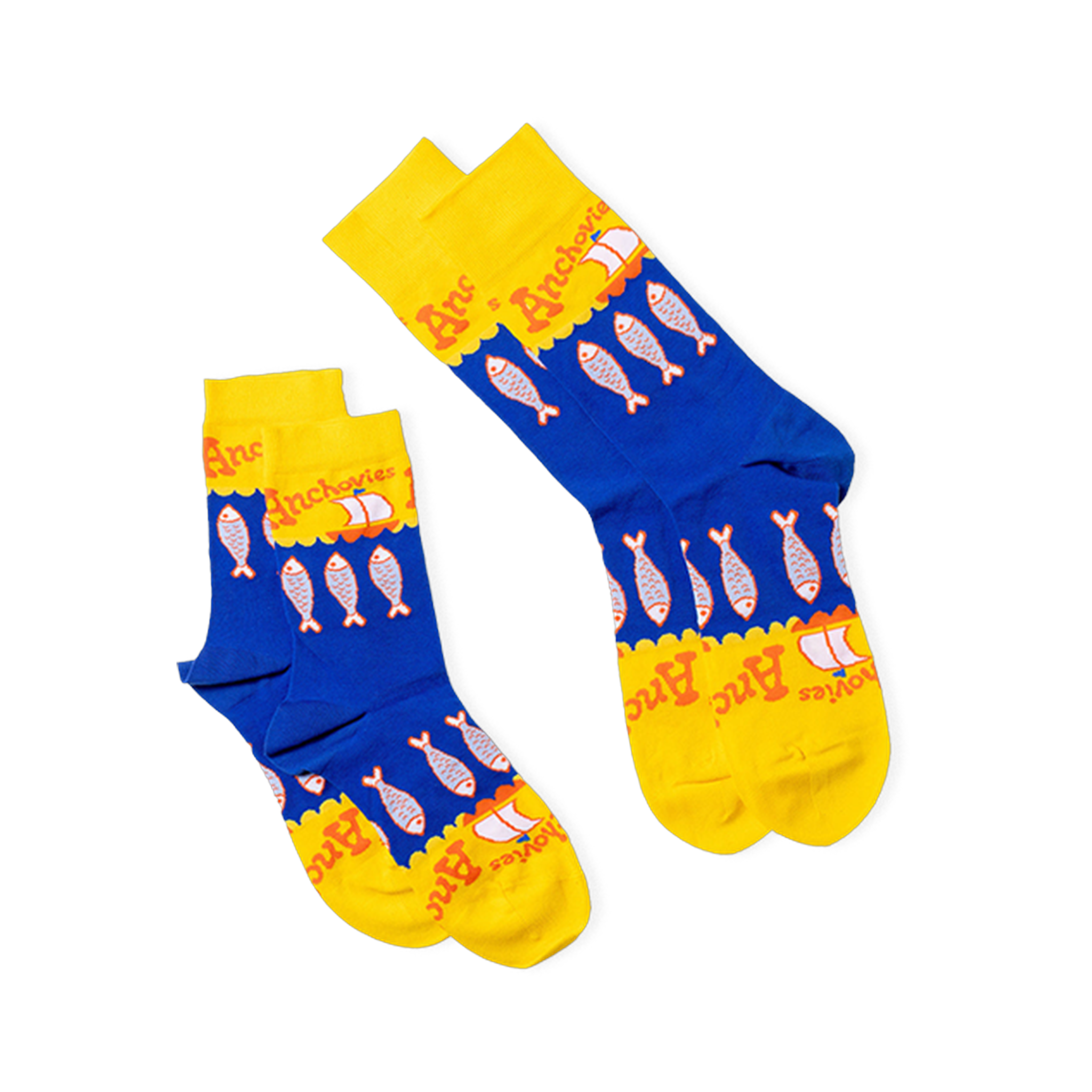 Two pairs of anchovy crew socks, one lying flat and one folded, showing the blue and yellow design with fish and sailboats.