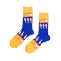 Pair of blue and yellow crew socks with a pattern of silver anchovy fish, 'Anchovies' text, and small sailboats.