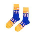Pair of blue and yellow crew socks with a pattern of silver anchovy fish, 'Anchovies' text, and small sailboats.
