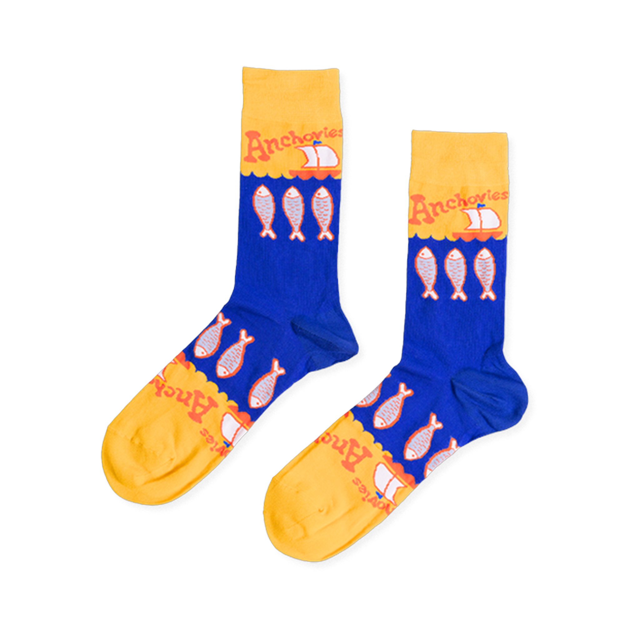 Pair of blue and yellow crew socks with a pattern of silver anchovy fish, 'Anchovies' text, and small sailboats.
