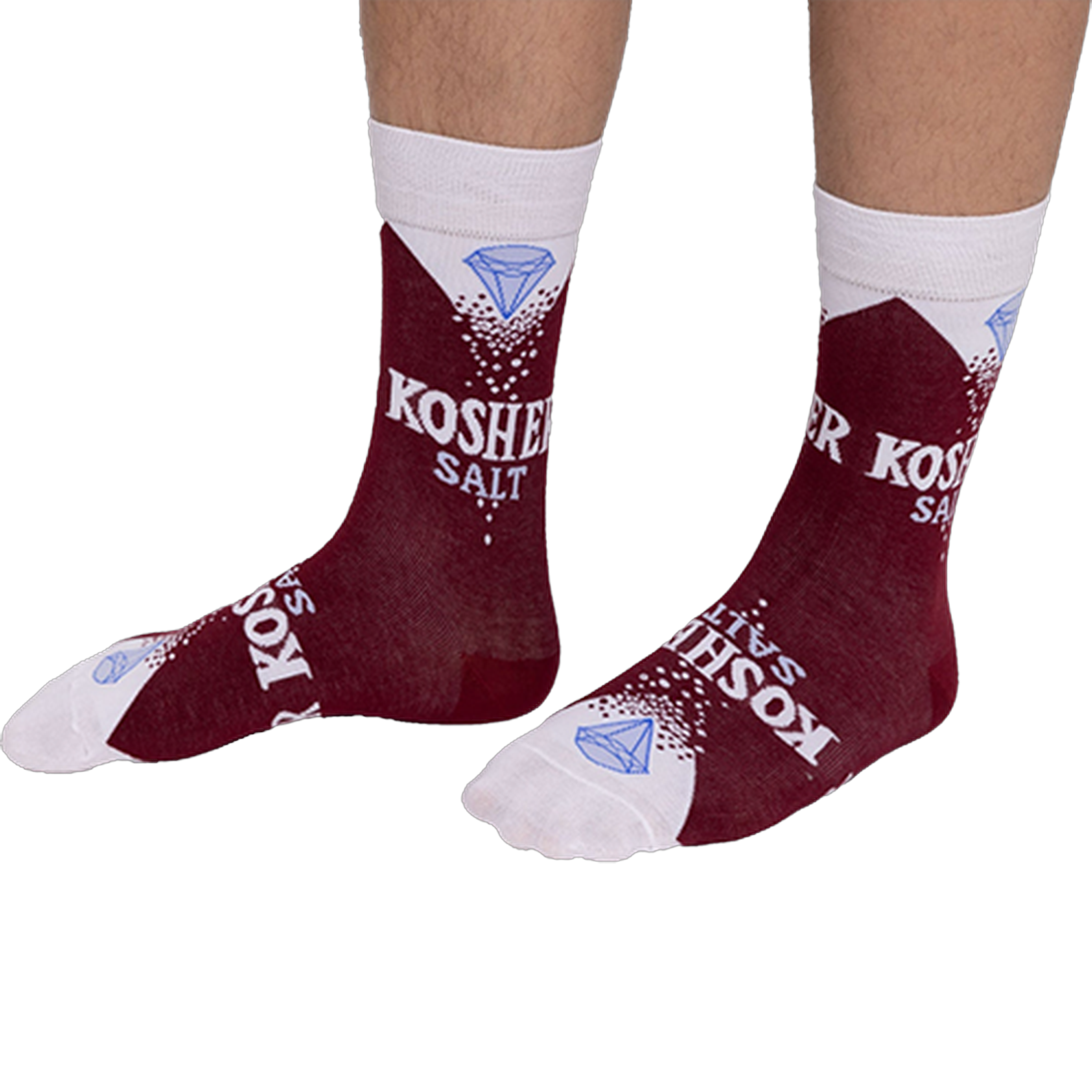 Person wearing deep red Kosher Salt crew socks, stretched over visible lower legs, showing the full design.