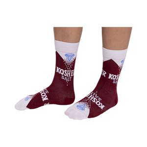 Person wearing deep red Kosher Salt crew socks, stretched over visible lower legs, showing the full design.