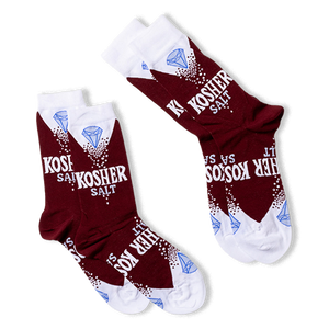 Two pairs of deep red Kosher Salt crew socks arranged diagonally, showing the full 