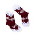 Two pairs of deep red Kosher Salt crew socks arranged diagonally, showing the full "KOSHER SALT" and diamond design.