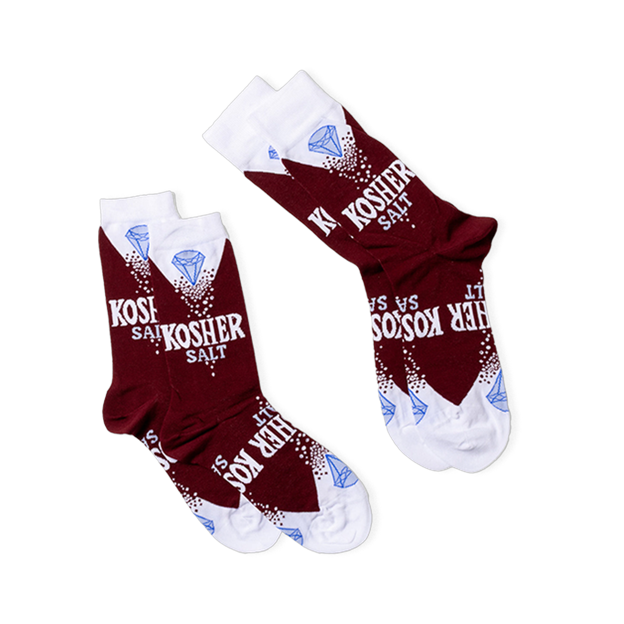 Two pairs of deep red Kosher Salt crew socks arranged diagonally, showing the full "KOSHER SALT" and diamond design.