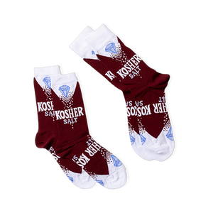 Two pairs of deep red Kosher Salt crew socks arranged diagonally, showing the full 