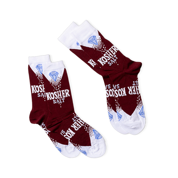 Two pairs of deep red Kosher Salt crew socks arranged diagonally, showing the full 