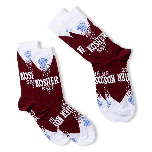 Two pairs of deep red Kosher Salt crew socks arranged diagonally, showing the full 