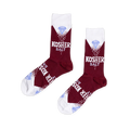 Pair of deep red crew socks with white cuffs, heels, and toes, featuring "KOSHER SALT" text, white sprinkles, and a blue diamond.