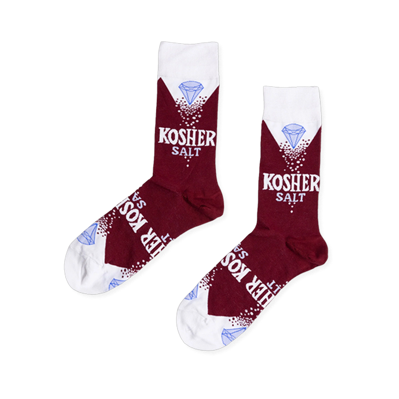 Pair of deep red crew socks with white cuffs, heels, and toes, featuring "KOSHER SALT" text, white sprinkles, and a blue diamond.