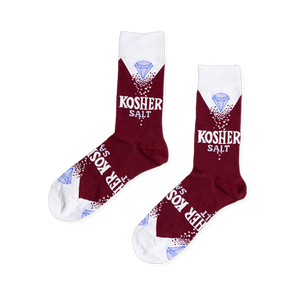 Pair of deep red crew socks with white cuffs, heels, and toes, featuring 