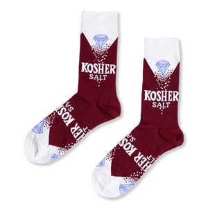 Pair of deep red crew socks with white cuffs, heels, and toes, featuring 