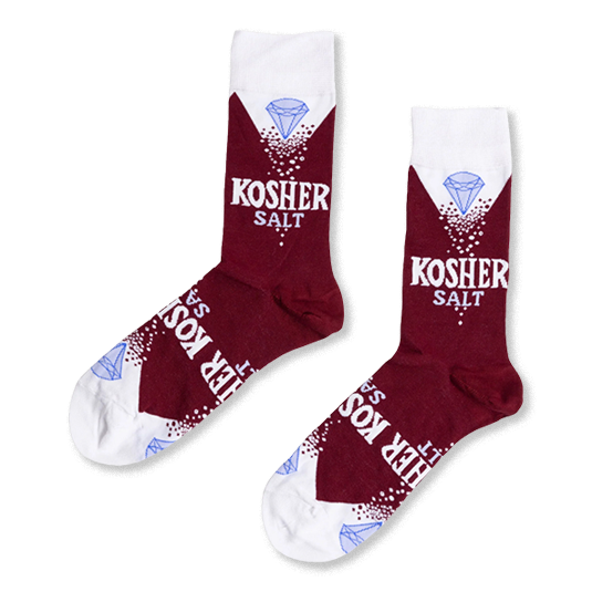 Pair of deep red crew socks with white cuffs, heels, and toes, featuring 