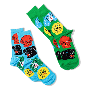 Two pairs of crew socks: one green with colorful dog faces, one light blue with colorful dog faces.