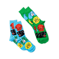 Two pairs of crew socks: one green with colorful dog faces, one light blue with colorful dog faces.
