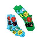 Two pairs of crew socks: one green with colorful dog faces, one light blue with colorful dog faces.