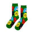 A pair of bright green crew socks featuring a repeating pattern of colorful cartoon dog faces in red, yellow, black, and blue.