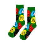 A pair of bright green crew socks featuring a repeating pattern of colorful cartoon dog faces in red, yellow, black, and blue.