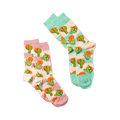 Two pairs of crew socks with Southwest cactus patterns. One pair features lavender accents, the other has blue-green accents.