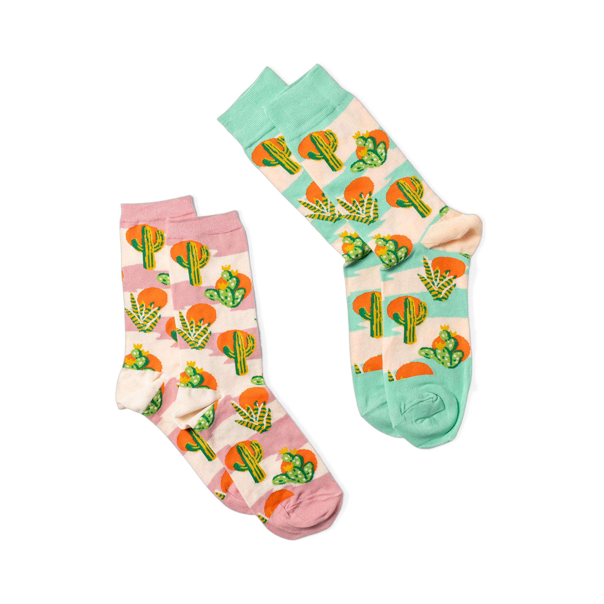 Two pairs of crew socks with Southwest cactus patterns. One pair features lavender accents, the other has blue-green accents.
