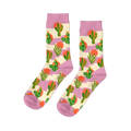 Pair of crew socks with a Southwest cactus pattern. Green cacti, orange suns, and lavender stripes on a cream background.