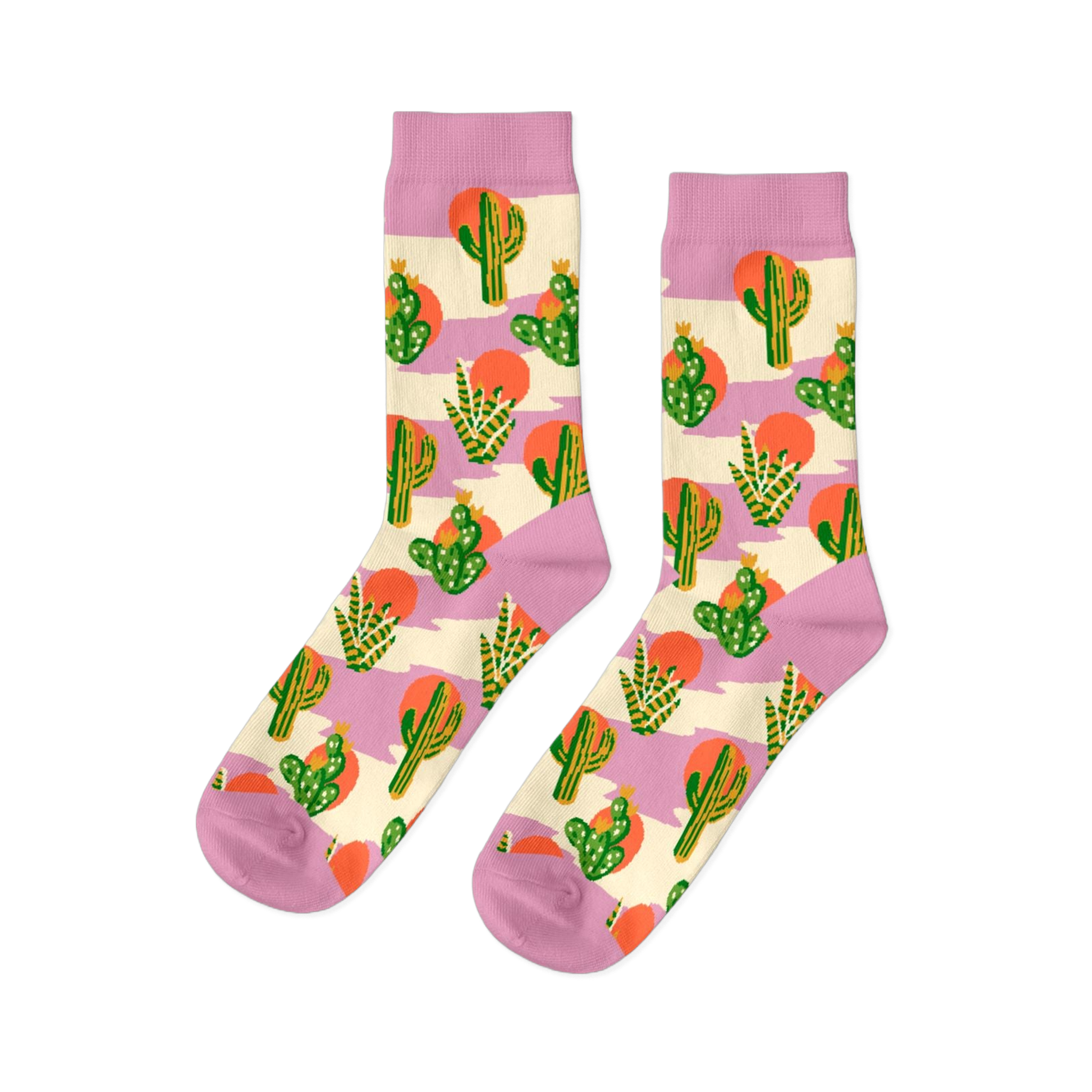 Pair of crew socks with a Southwest cactus pattern. Green cacti, orange suns, and lavender stripes on a cream background.