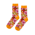 Pair of crew socks in a retro pattern. Features orange, pink, red, and green squares with cherries, strawberries, mushrooms, and the phrase 'fuck off'.