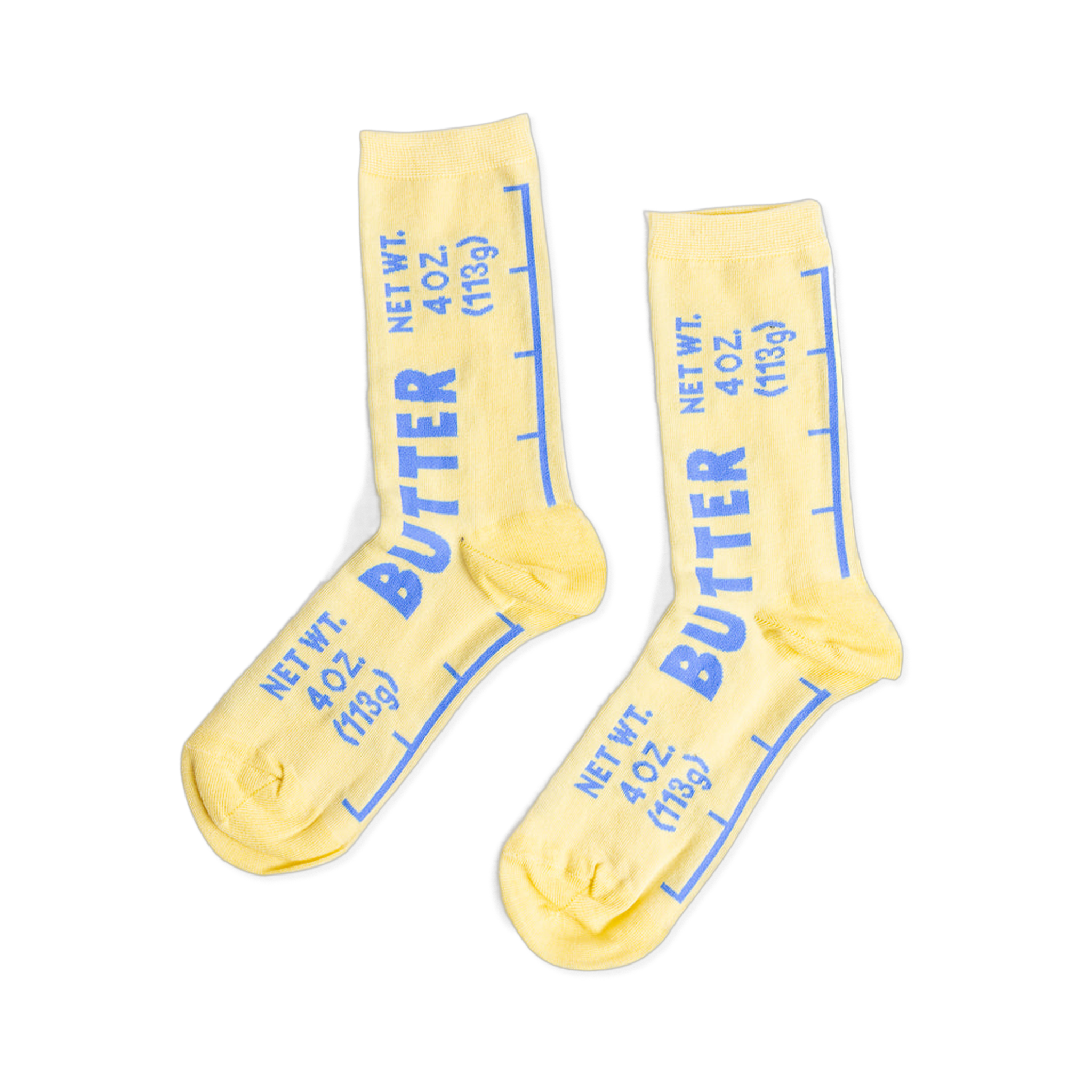 Pair of yellow crew socks designed like butter sticks, featuring blue 'BUTTER' text and net weight measurements.