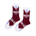 Pair of maroon crew socks with white cuffs. Design features a light blue diamond, "KOSHER SALT" text, and white salt-like dots.