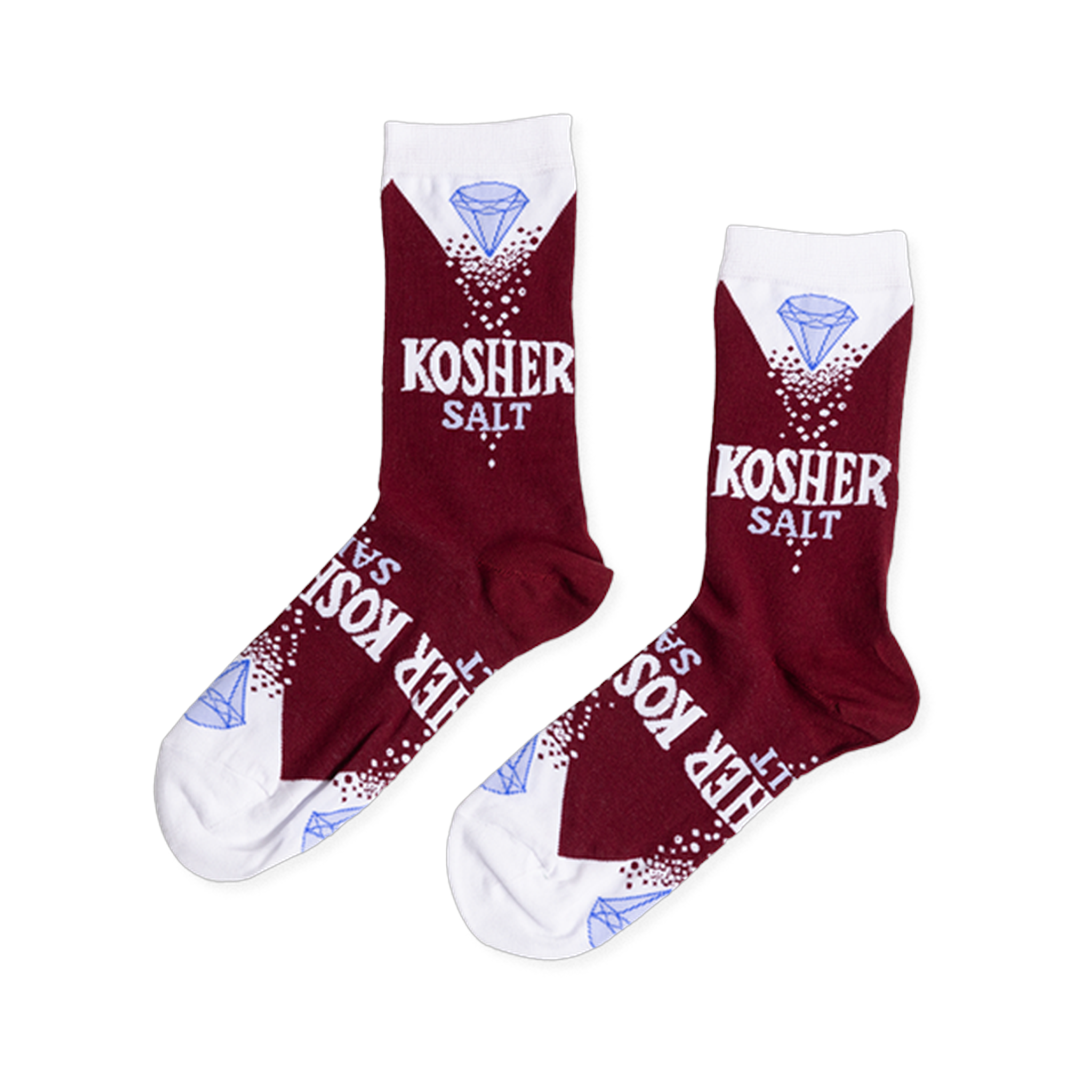 Pair of maroon crew socks with white cuffs. Design features a light blue diamond, "KOSHER SALT" text, and white salt-like dots.